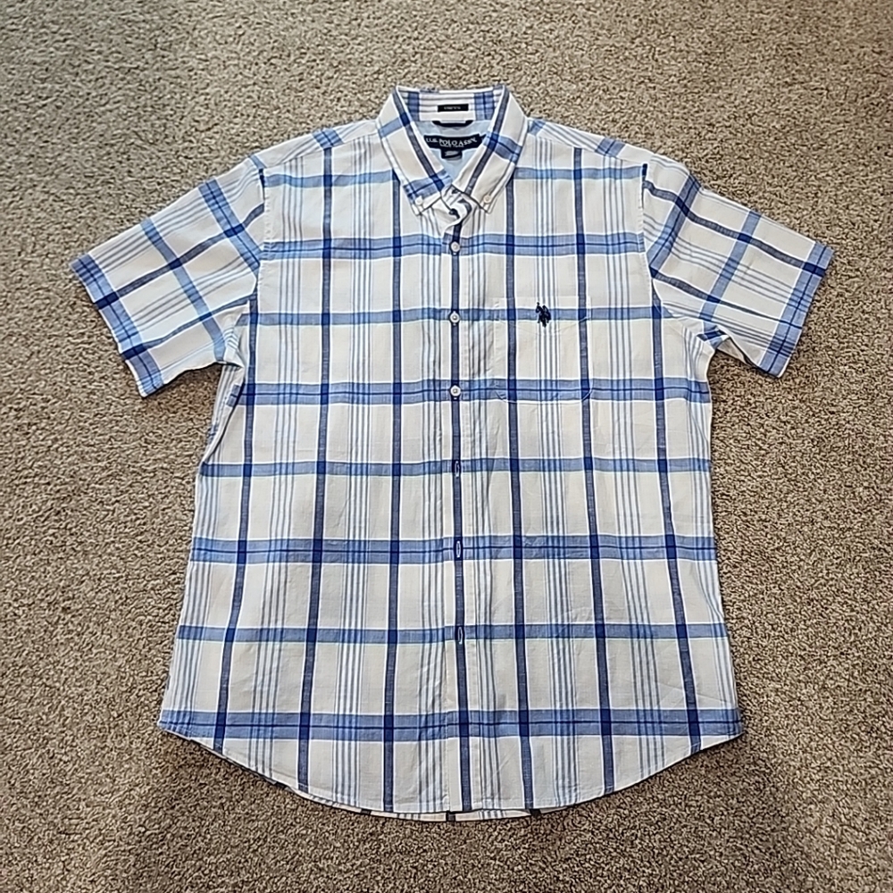 NWOT US Polo Assn Mens Large Blue & Green Plaid Short Sleeve Stretch Button Up